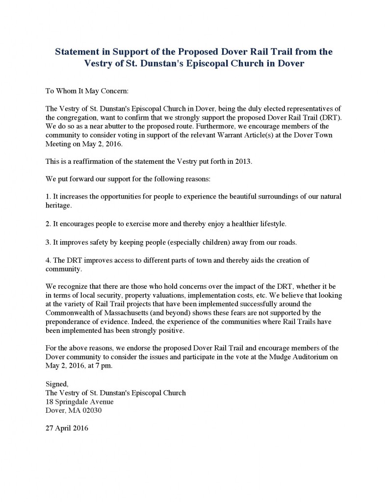 Letter of Support for Dover Greenway from St Dunstans